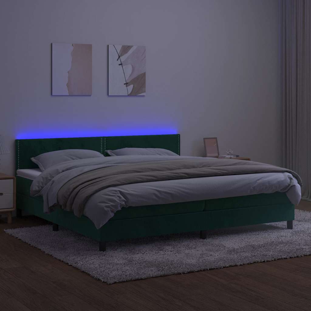 kontinentalseng med madras og LED-lys 200x200 cm fløjl mørkegrøn
