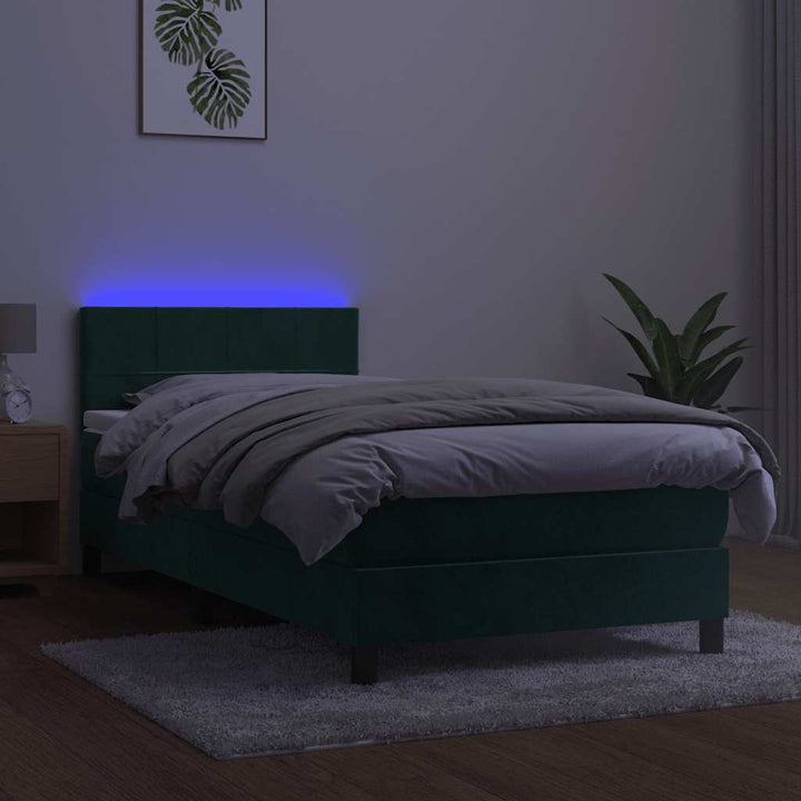 kontinentalseng med madras og LED-lys 90x190 cm fløjl mørkegrøn