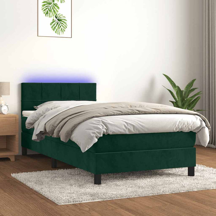kontinentalseng med madras og LED-lys 90x190 cm fløjl mørkegrøn