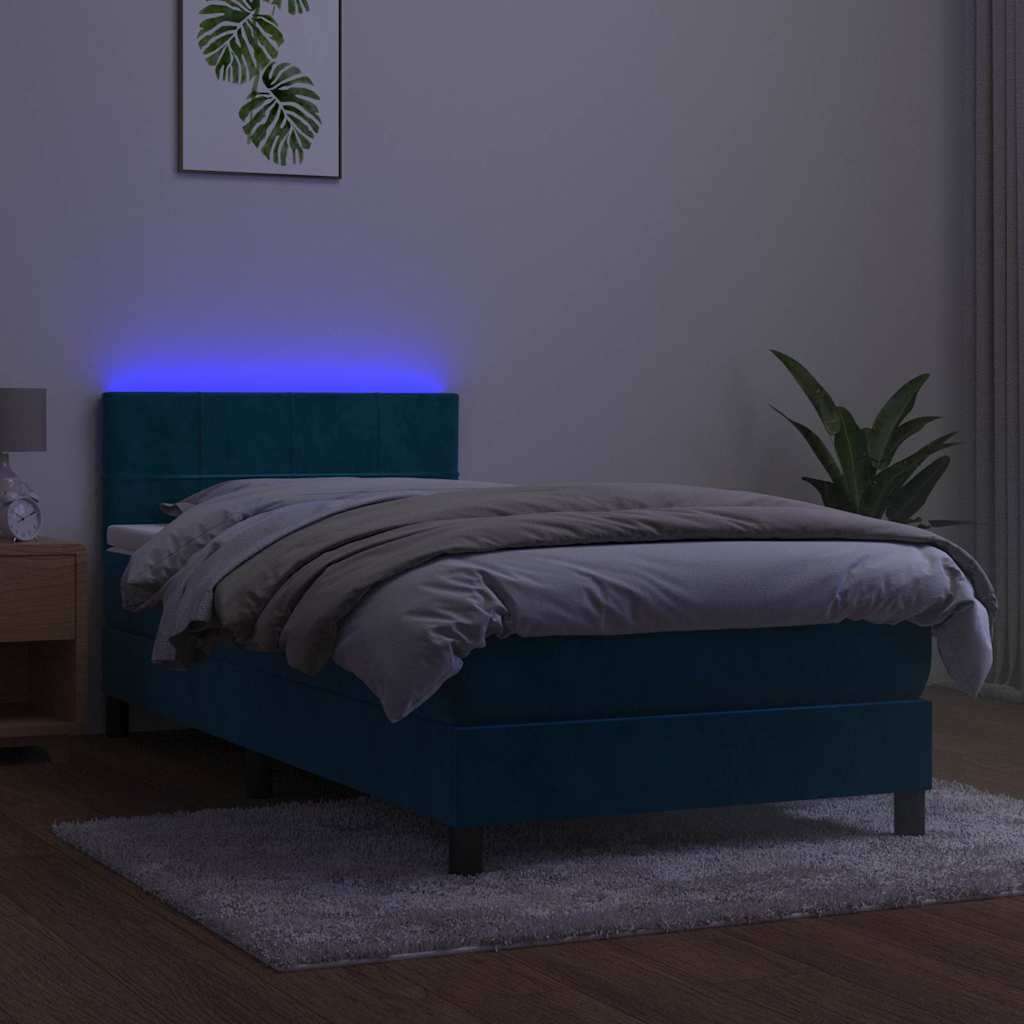 kontinentalseng med madras og LED-lys 90x190 cm fløjl mørkeblå