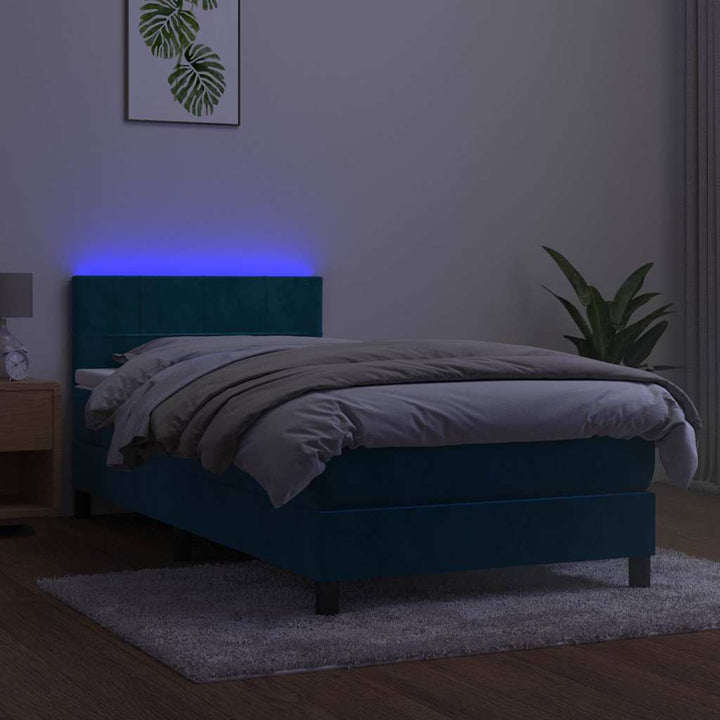 kontinentalseng med madras og LED-lys 90x190 cm fløjl mørkeblå