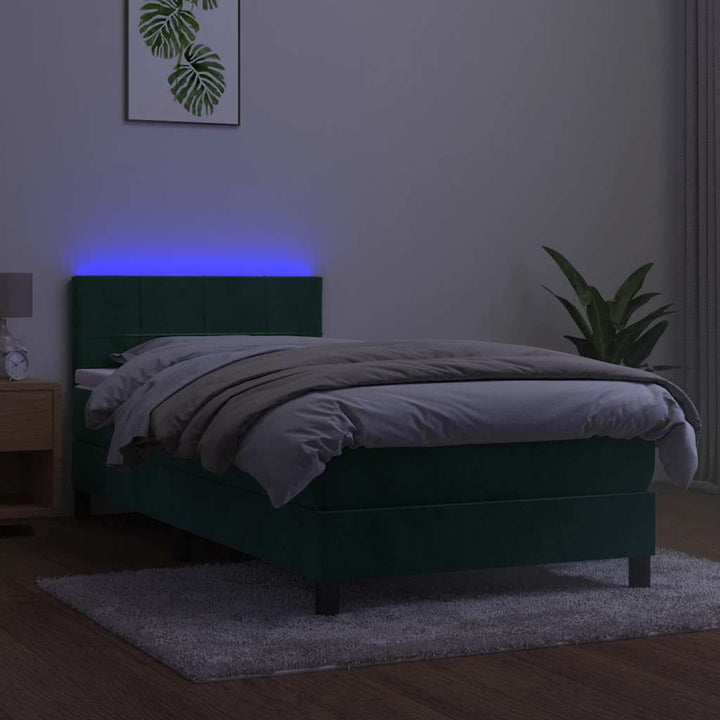 kontinentalseng med madras og LED-lys 100x200 cm fløjl mørkegrøn
