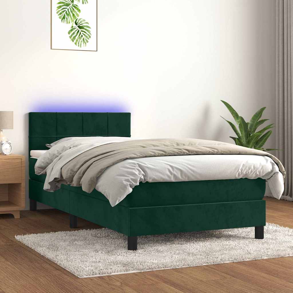 kontinentalseng med madras og LED-lys 100x200 cm fløjl mørkegrøn