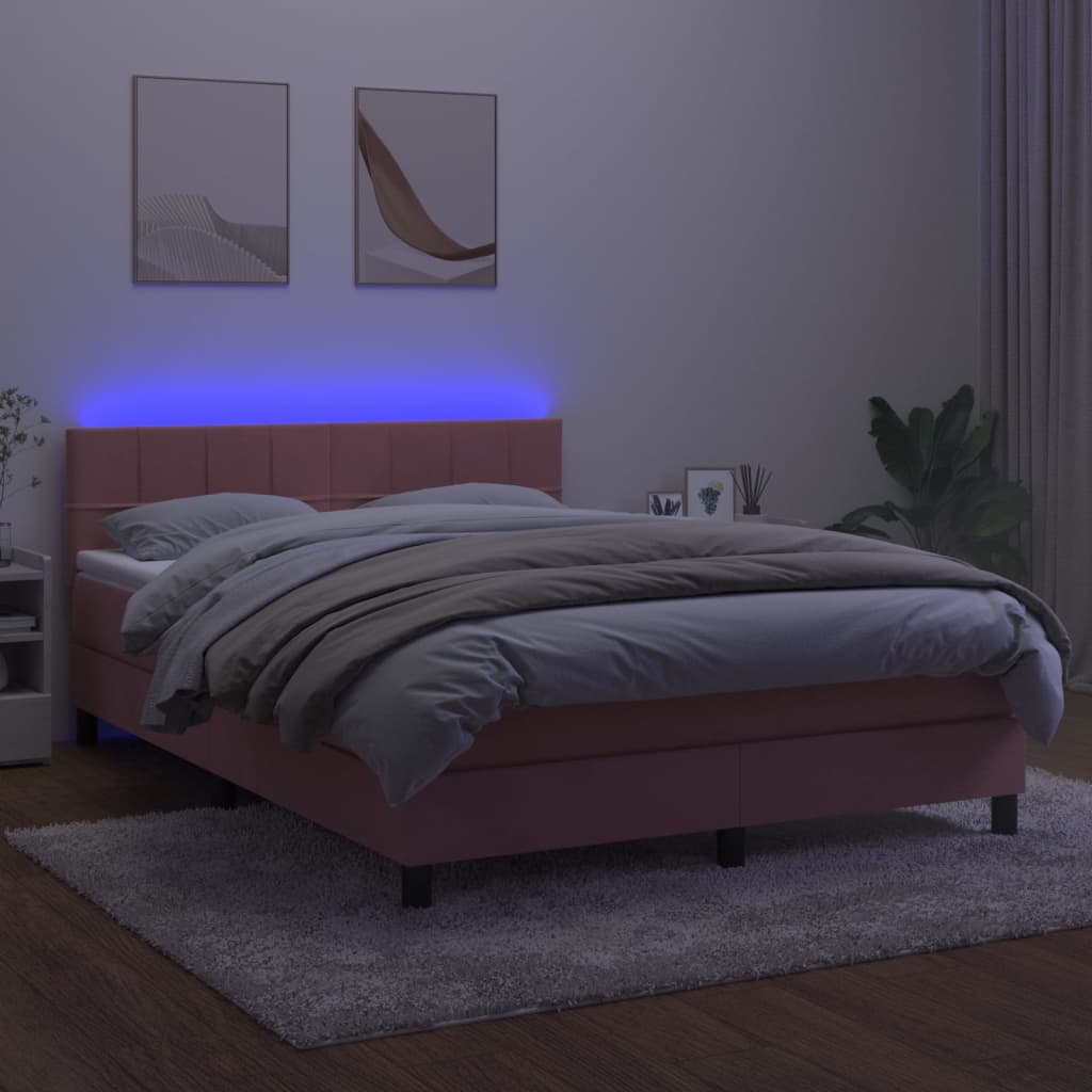 kontinentalseng med madras og LED-lys 140x200 cm fløjl lyserød