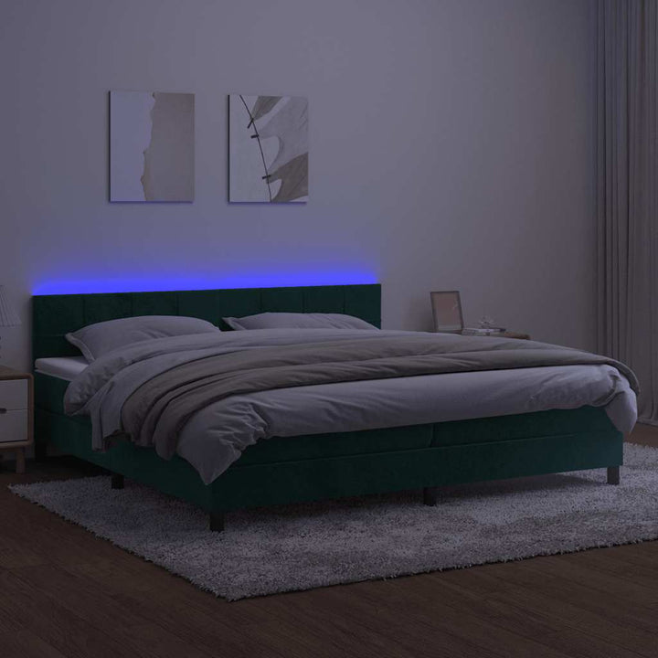 kontinentalseng med madras og LED-lys 200x200 cm fløjl mørkegrøn