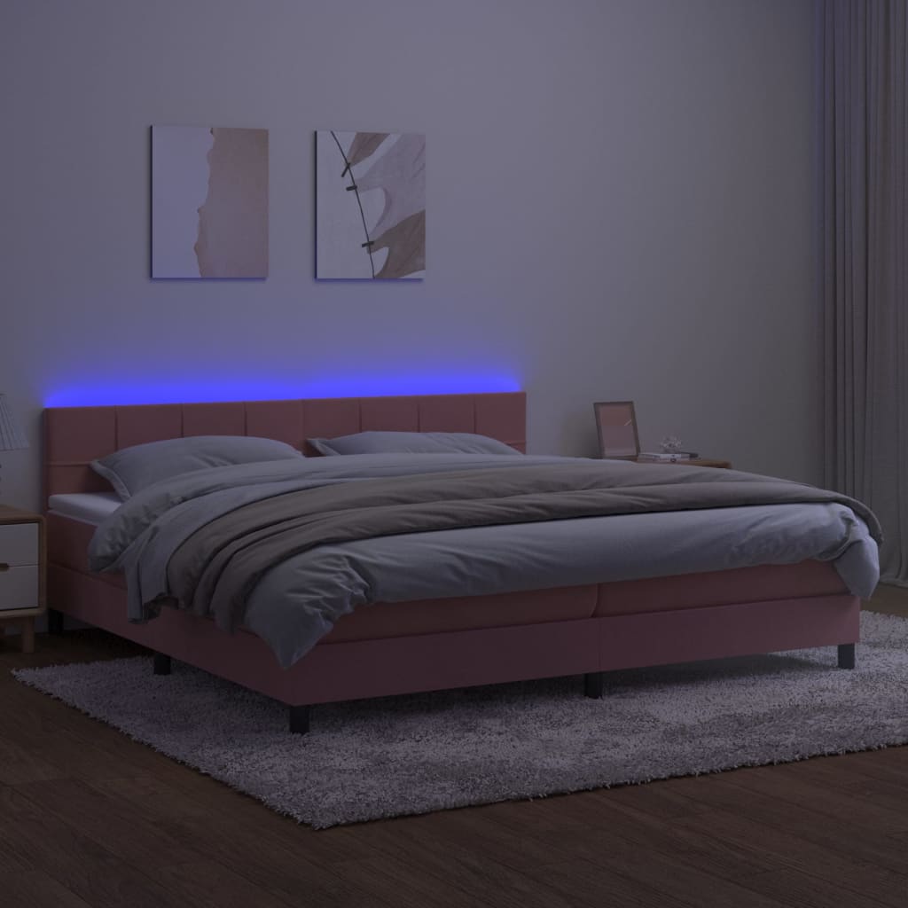 kontinentalseng med madras og LED-lys 200x200 cm fløjl lyserød