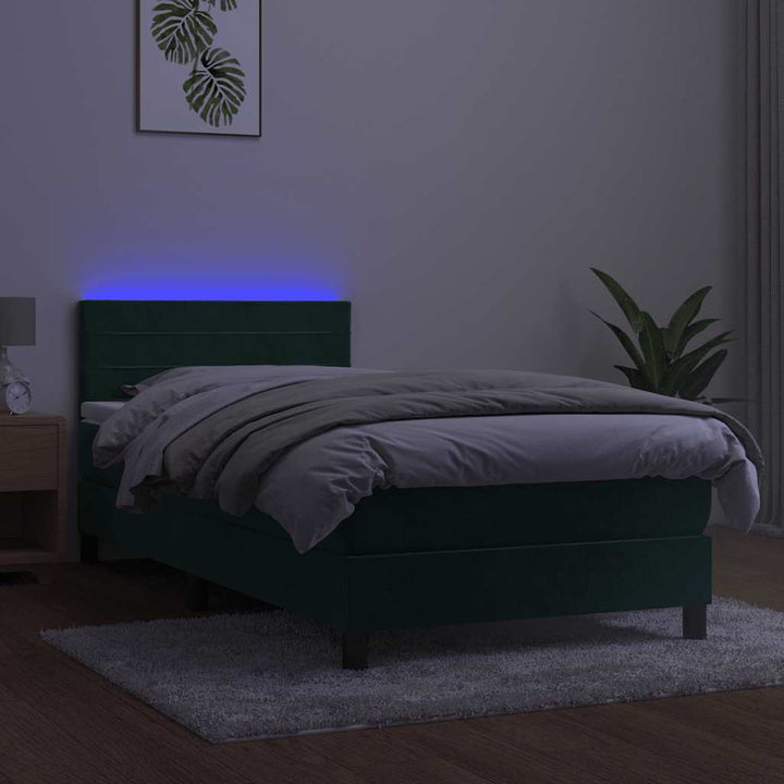 kontinentalseng med madras og LED-lys 100x200 cm fløjl mørkegrøn