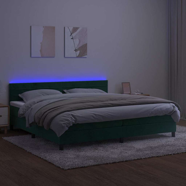 kontinentalseng med madras og LED-lys 200x200 cm fløjl mørkegrøn