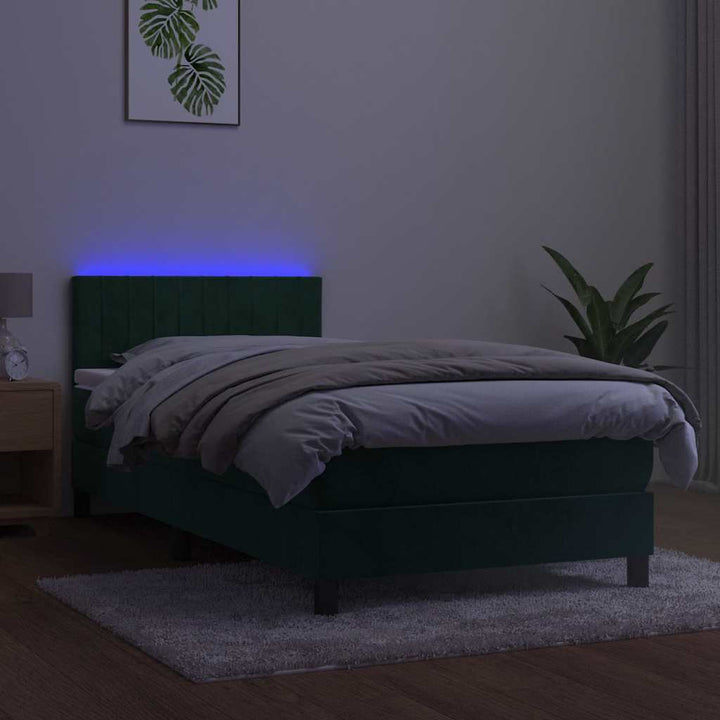 kontinentalseng med madras og LED-lys 90x190 cm fløjl mørkegrøn