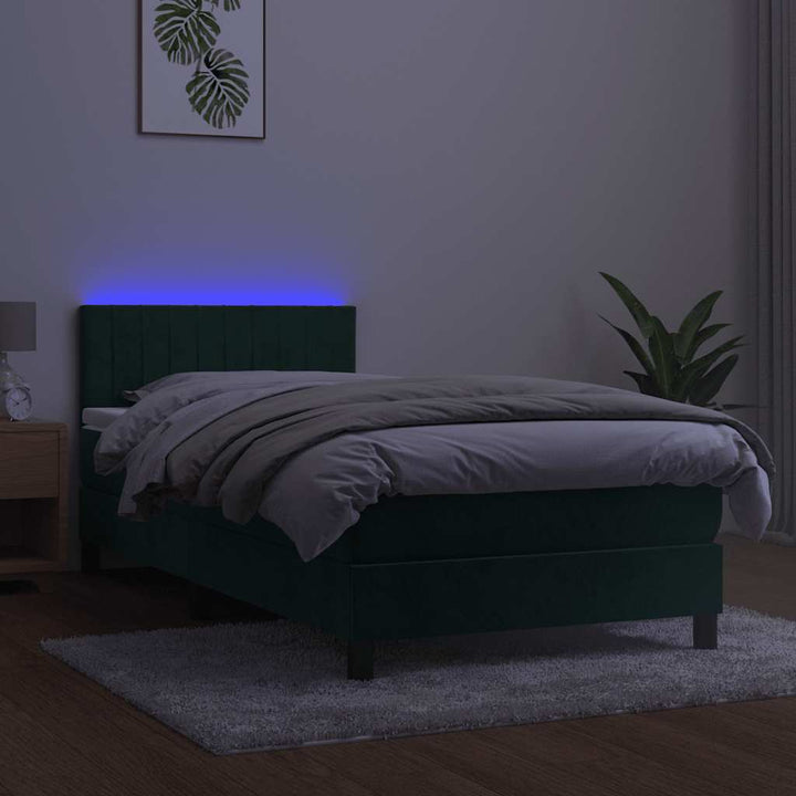 kontinentalseng med madras og LED-lys 100x200 cm fløjl mørkegrøn