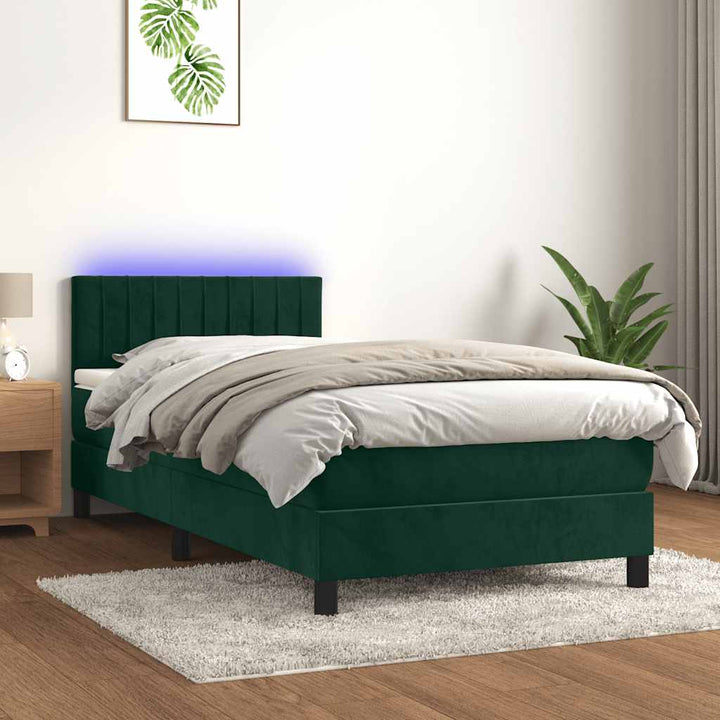 kontinentalseng med madras og LED-lys 100x200 cm fløjl mørkegrøn