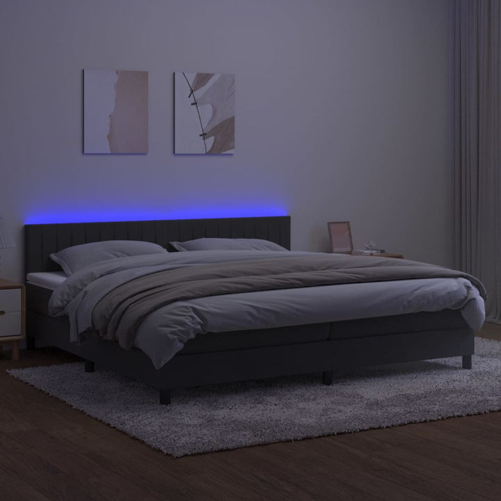 kontinentalseng med madras og LED-lys 200x200 cm fløjl mørkegrå