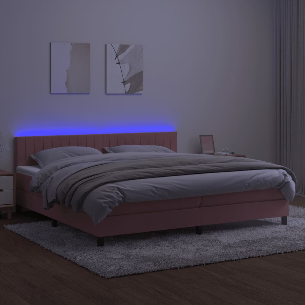 kontinentalseng med madras og LED-lys 200x200 cm fløjl lyserød