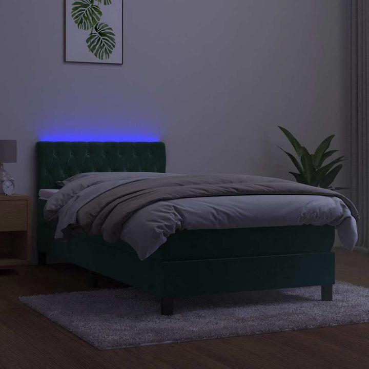 kontinentalseng med madras og LED-lys 90x200 cm fløjl mørkegrøn