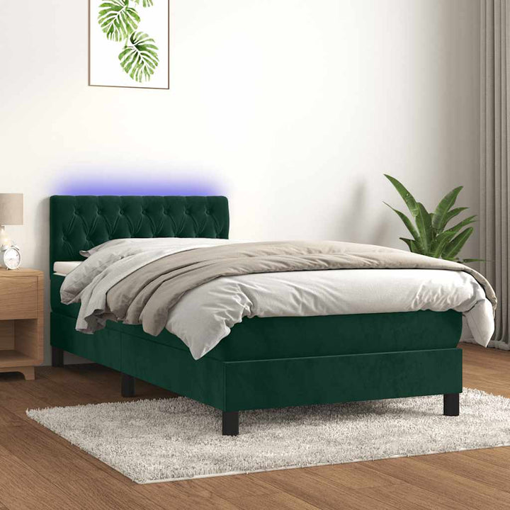 kontinentalseng med madras og LED-lys 90x200 cm fløjl mørkegrøn
