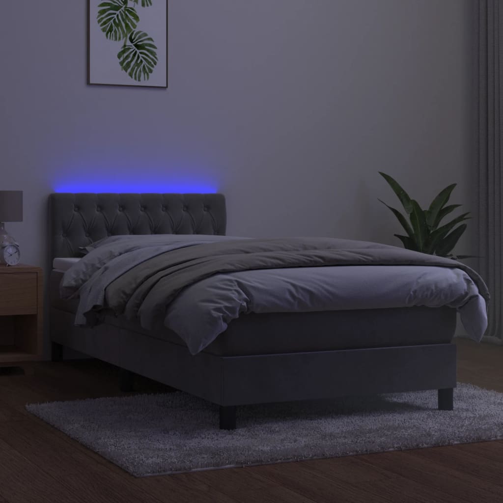 kontinentalseng med madras og LED-lys 100x200 cm fløjl lysegrå