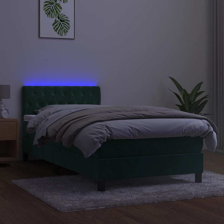 kontinentalseng med madras og LED-lys 100x200 cm fløjl mørkegrøn