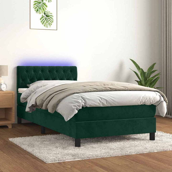 kontinentalseng med madras og LED-lys 100x200 cm fløjl mørkegrøn