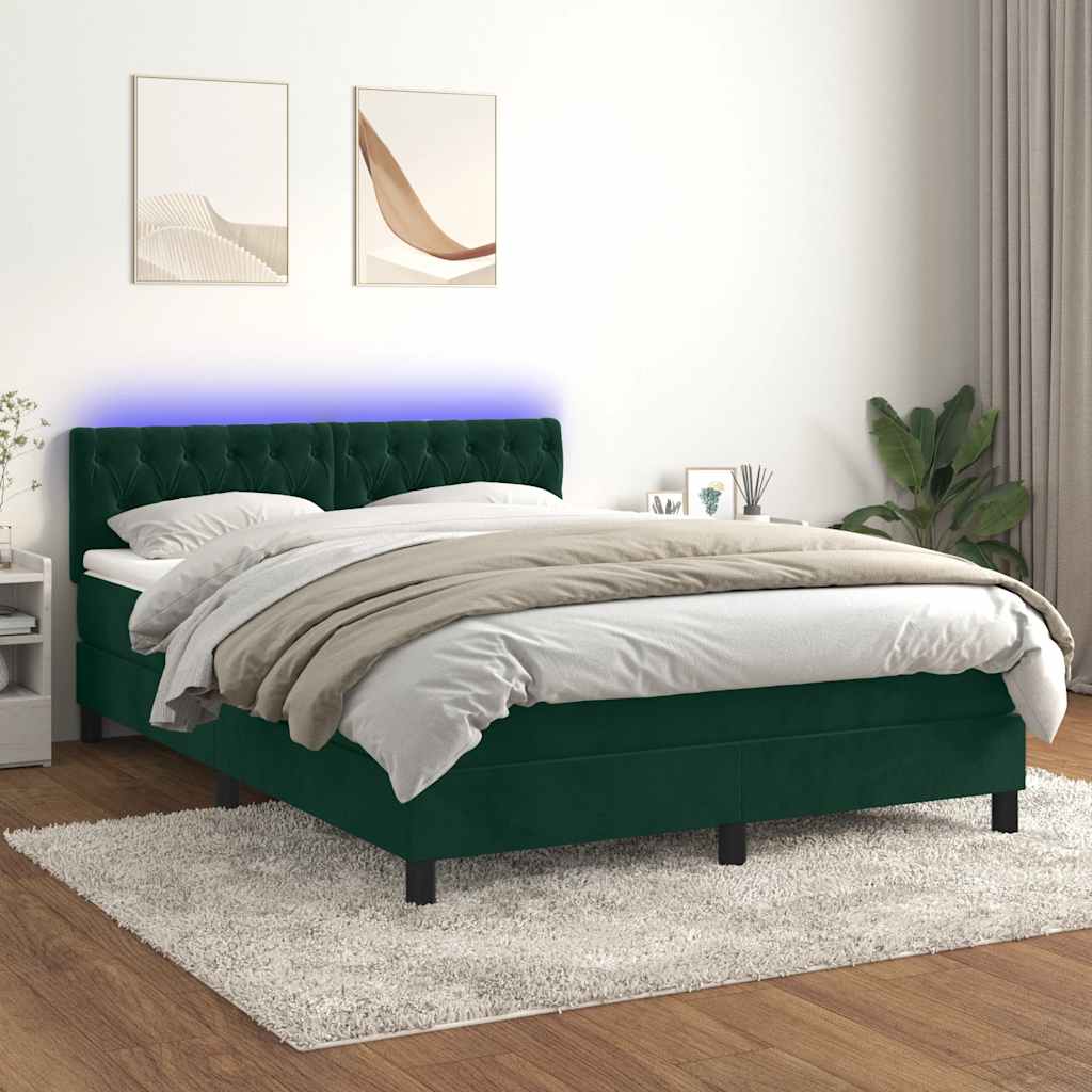 kontinentalseng med madras og LED-lys 140x190 cm fløjl mørkegrøn
