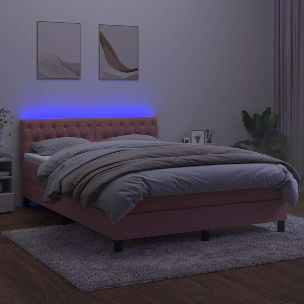kontinentalseng med madras og LED-lys 140x200 cm fløjl lyserød