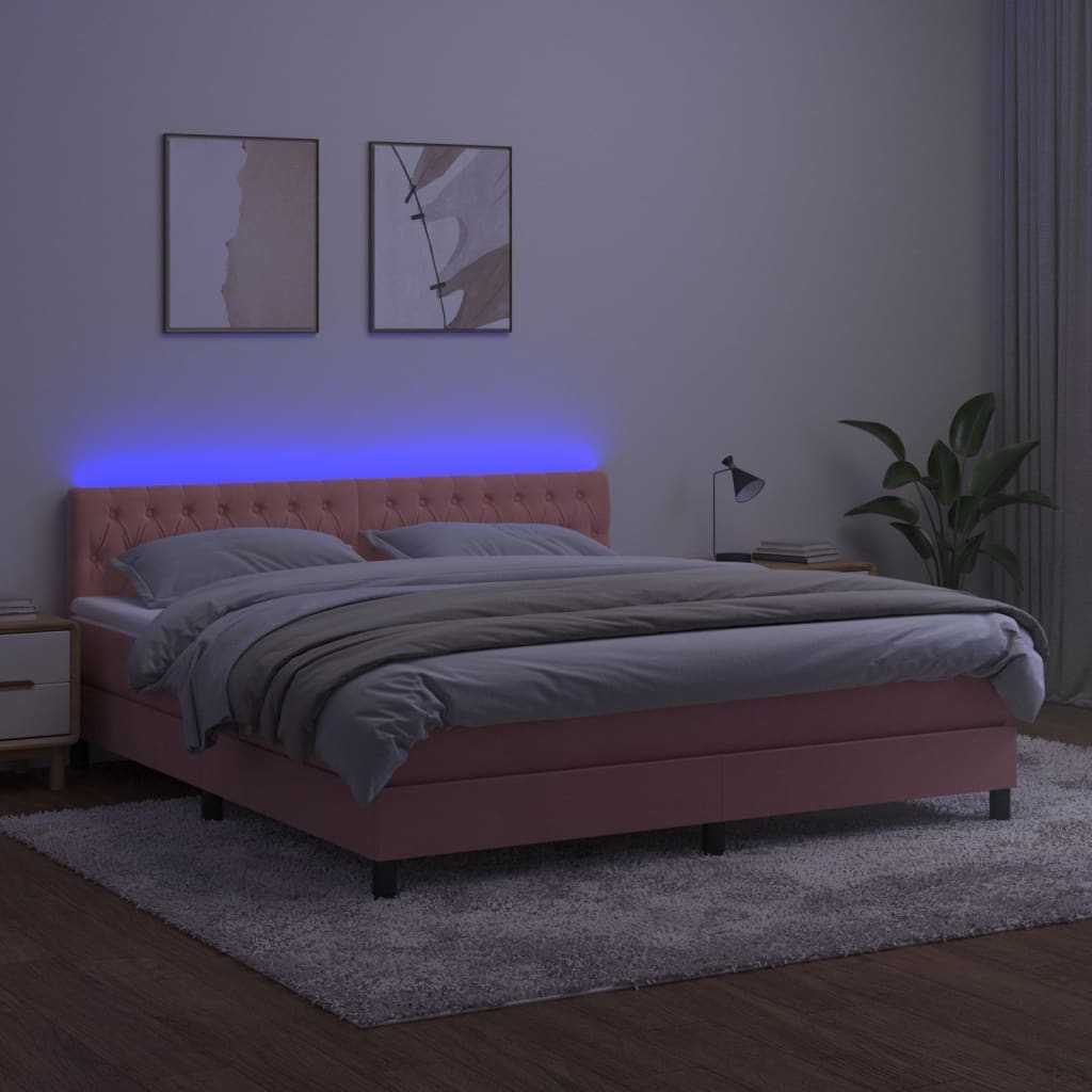 kontinentalseng med madras og LED-lys 160x200 cm fløjl lyserød