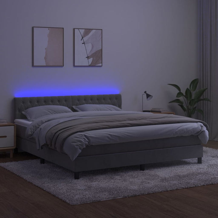 kontinentalseng med madras og LED-lys 180x200 cm fløjl lysegrå