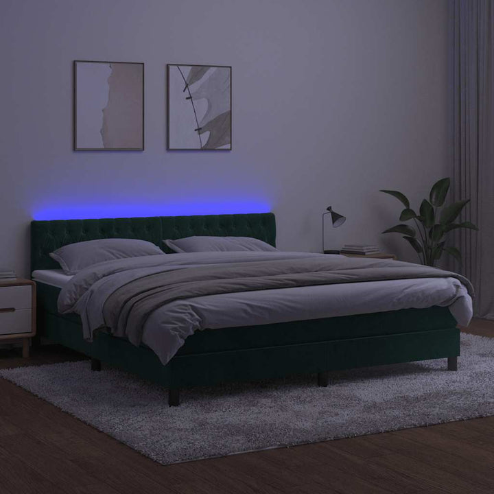 kontinentalseng med madras og LED-lys 180x200 cm fløjl mørkegrøn