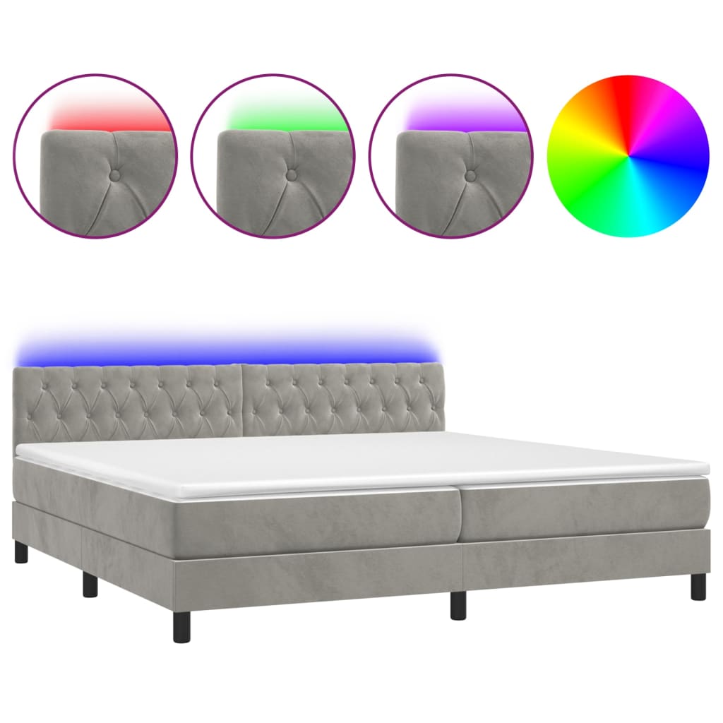 kontinentalseng med madras og LED-lys 200x200 cm fløjl lysegrå