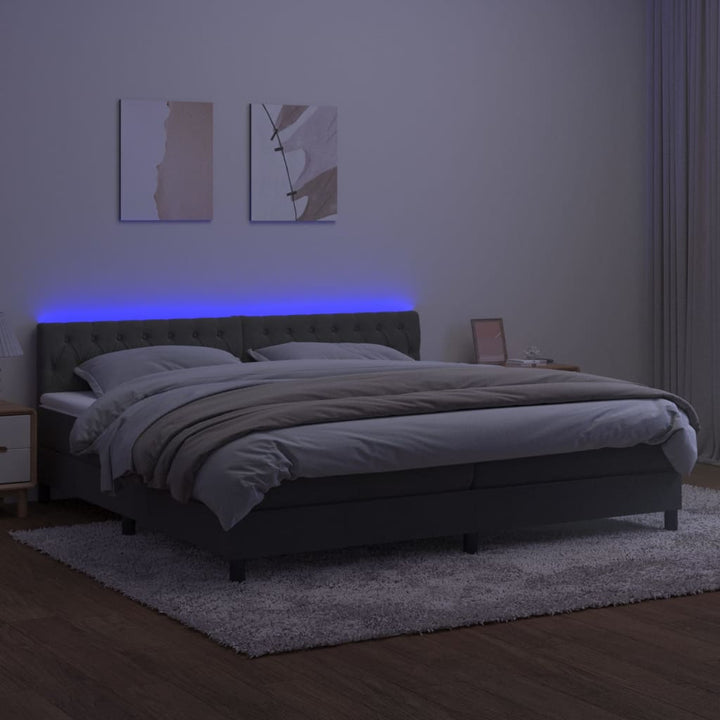 kontinentalseng med madras og LED-lys 200x200 cm fløjl mørkegrå