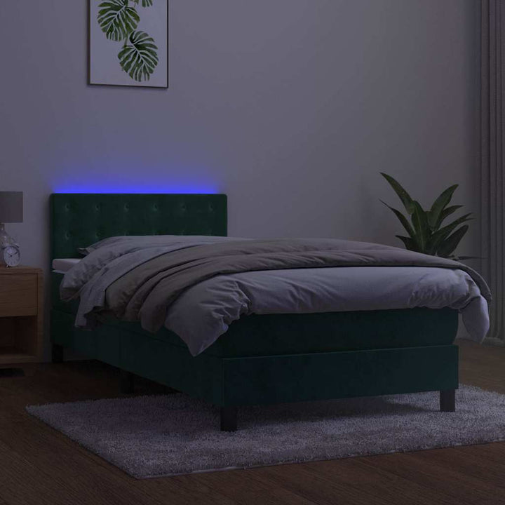 kontinentalseng med madras og LED-lys 80x200 cm velour mørkegrøn