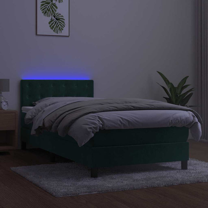 kontinentalseng med madras og LED-lys 90x190 cm fløjl mørkegrøn
