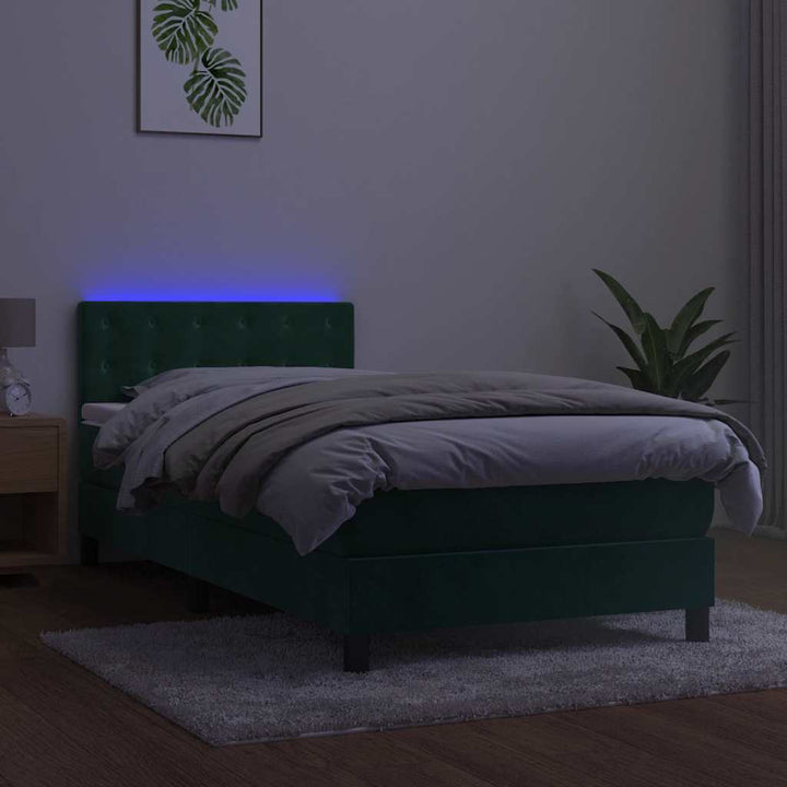 kontinentalseng med madras og LED-lys 100x200 cm fløjl mørkegrøn