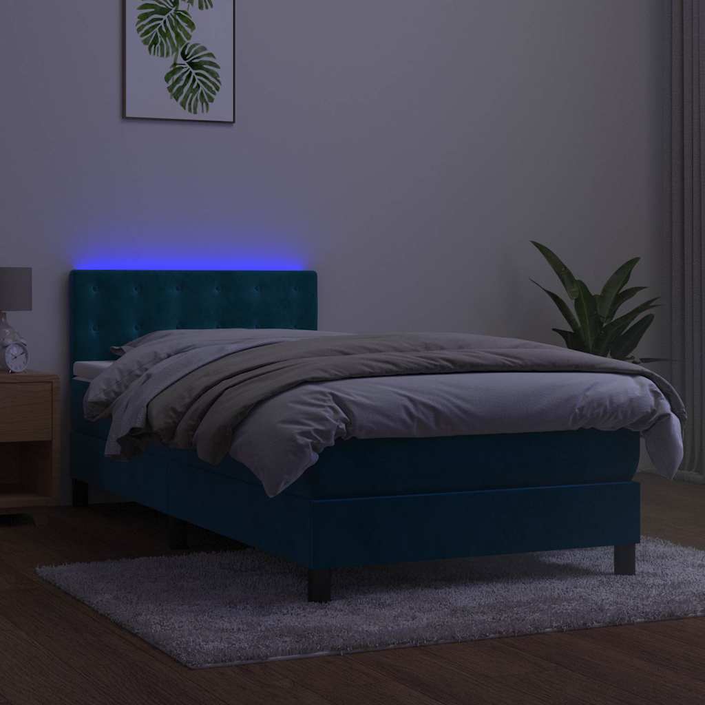 kontinentalseng med madras og LED-lys 100x200 cm fløjl mørkeblå