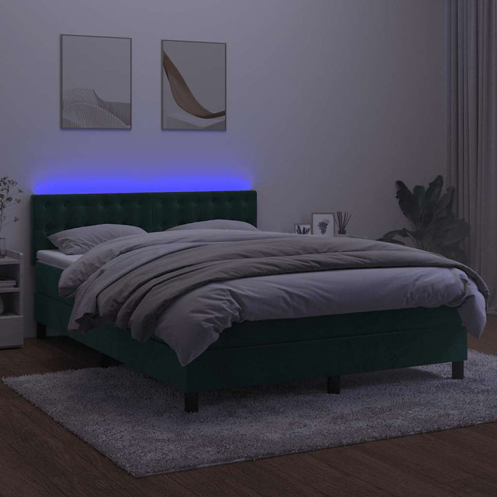 kontinentalseng med madras og LED-lys 140x190 cm fløjl mørkegrøn