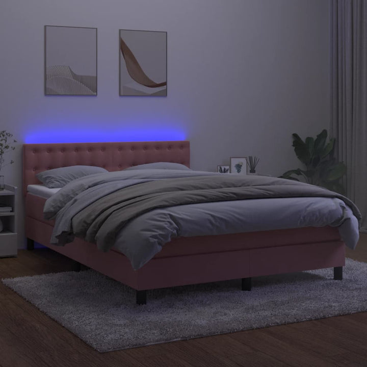 kontinentalseng med madras og LED-lys 140x200 cm fløjl lyserød