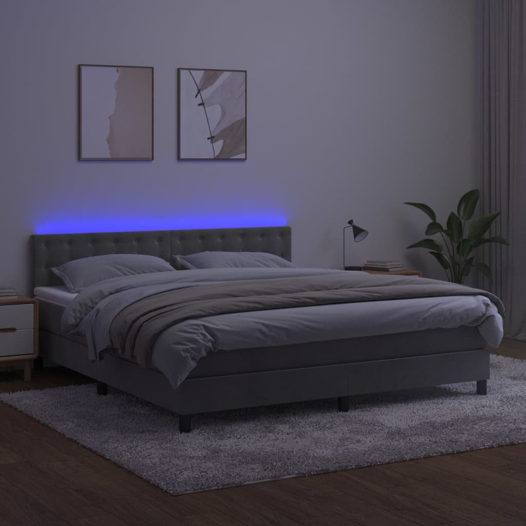 kontinentalseng med madras og LED-lys 160x200 cm fløjl lysegrå