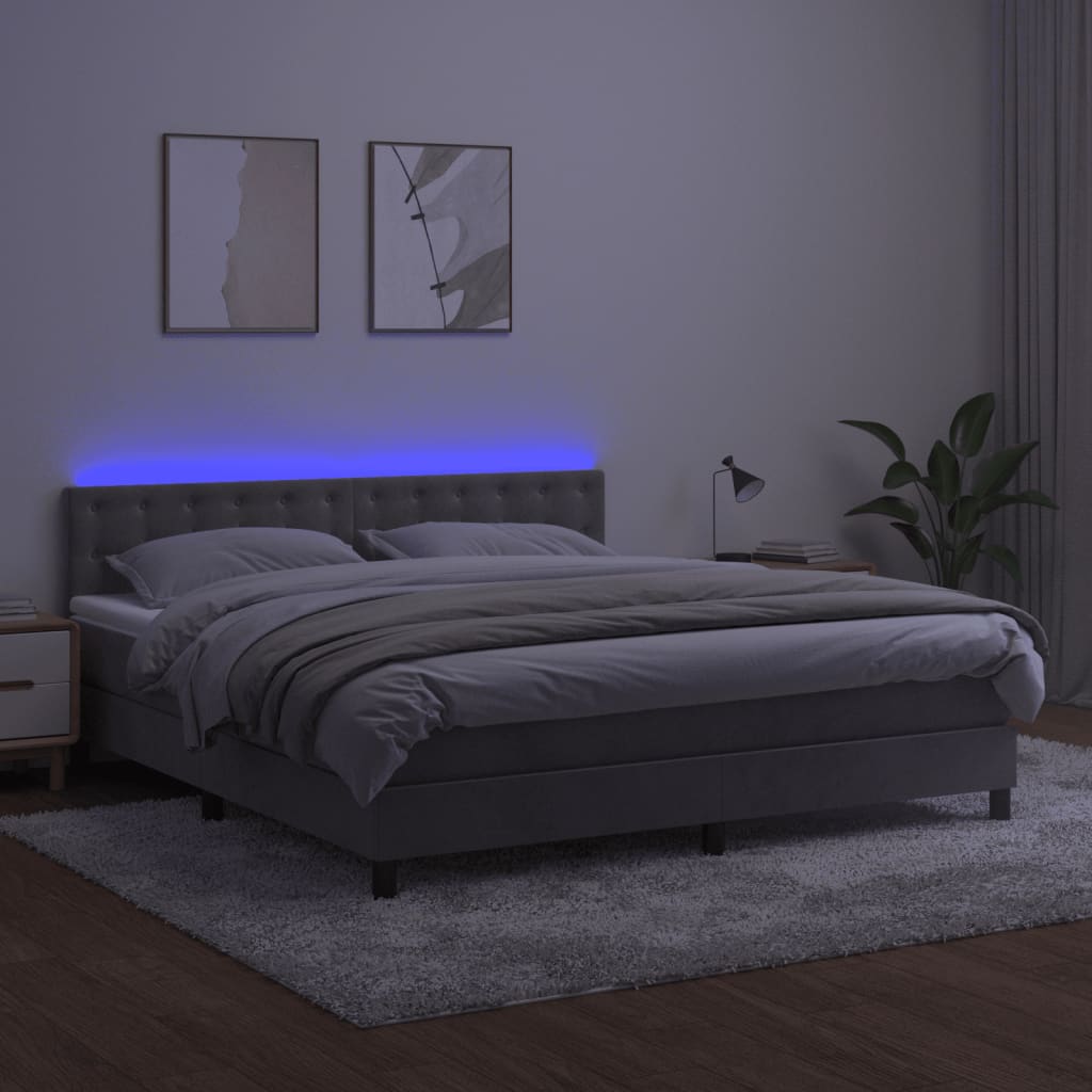 kontinentalseng med madras og LED-lys 180x200 cm fløjl lysegrå