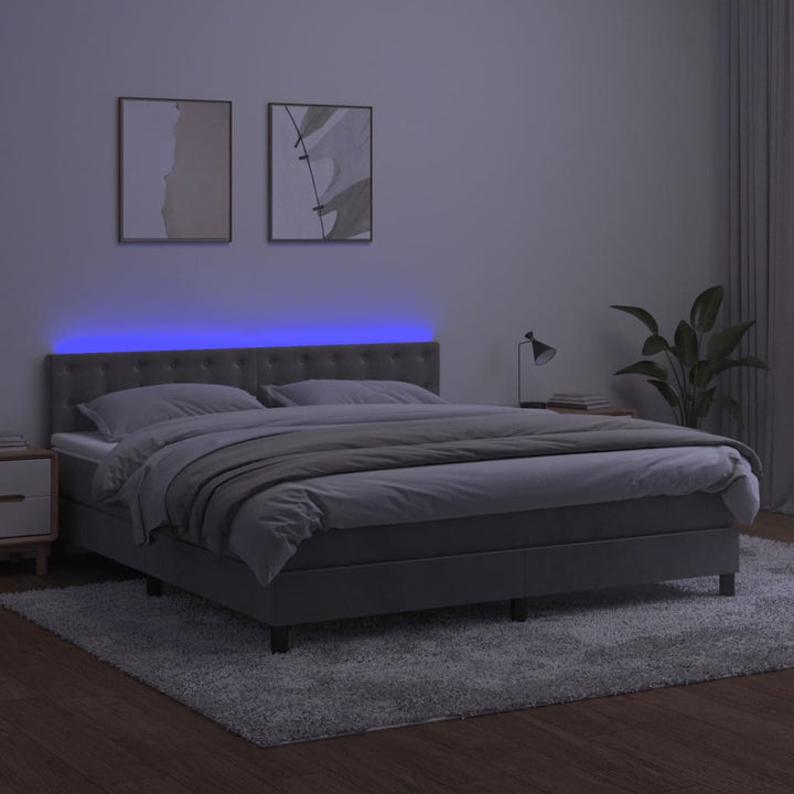 kontinentalseng med madras og LED-lys 180x200 cm fløjl lysegrå