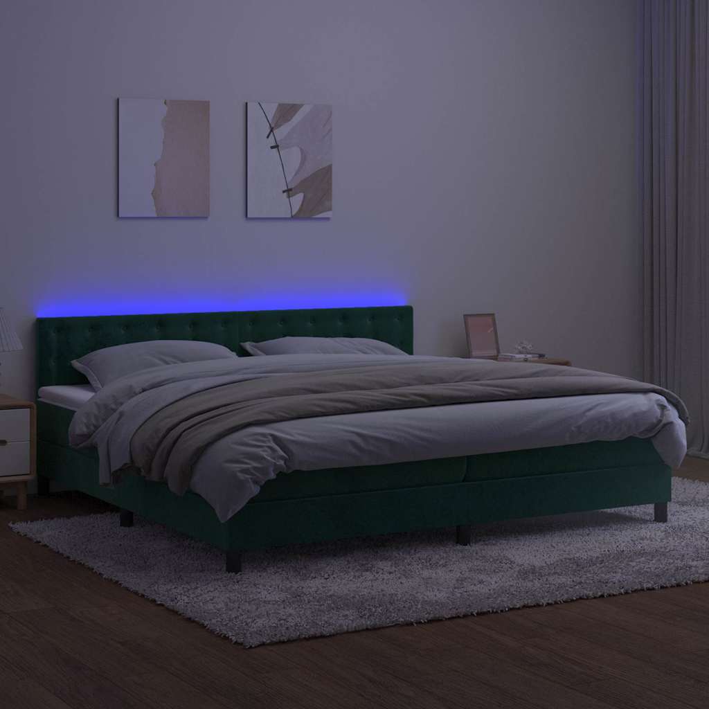 kontinentalseng med madras og LED-lys 200x200 cm fløjl mørkegrøn