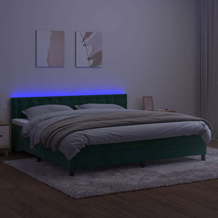 kontinentalseng med madras og LED-lys 200x200 cm fløjl mørkegrøn