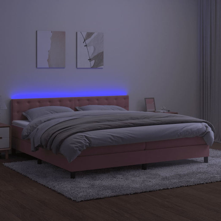 kontinentalseng med madras og LED-lys 200x200 cm fløjl lyserød