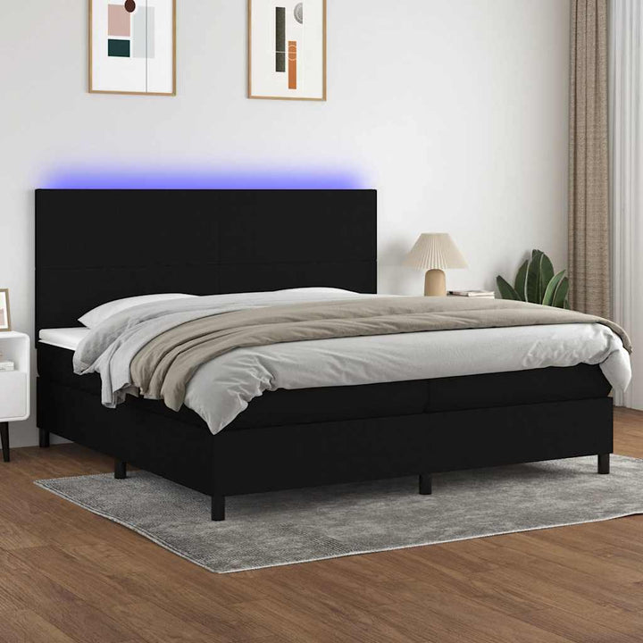 kontinentalseng med LED-lys 200x200 cm stof sort