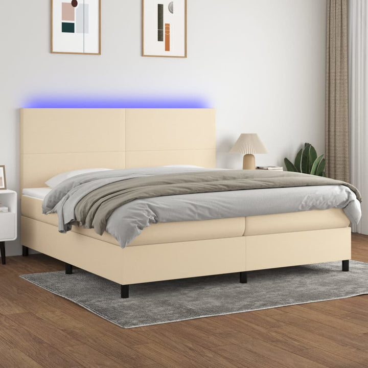 kontinentalseng med LED-lys 200x200 cm stof cremefarvet