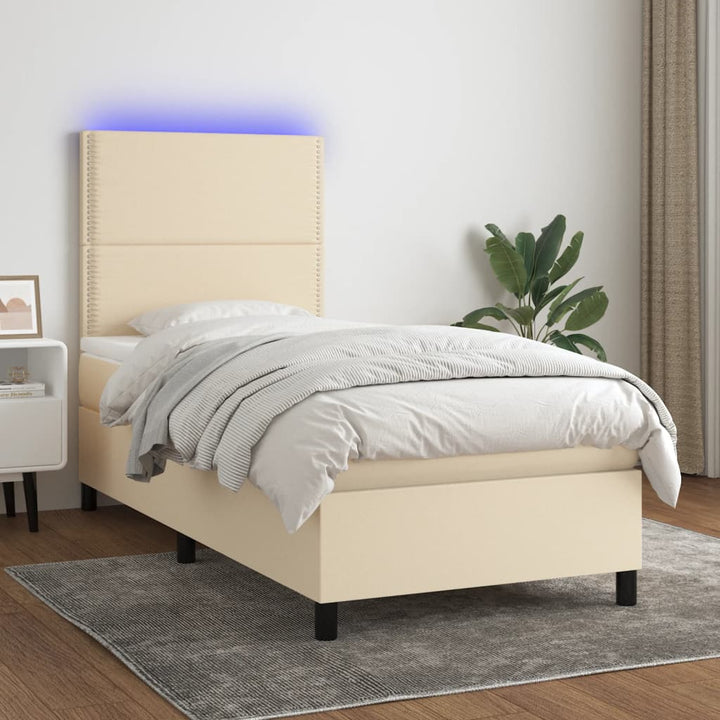 kontinentalseng med LED-lys 90x190 cm stof cremefarvet