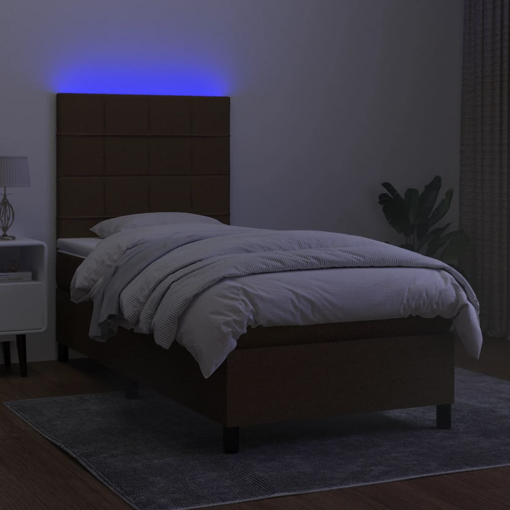 kontinentalseng med LED-lys 90x190 cm stof mørkebrun