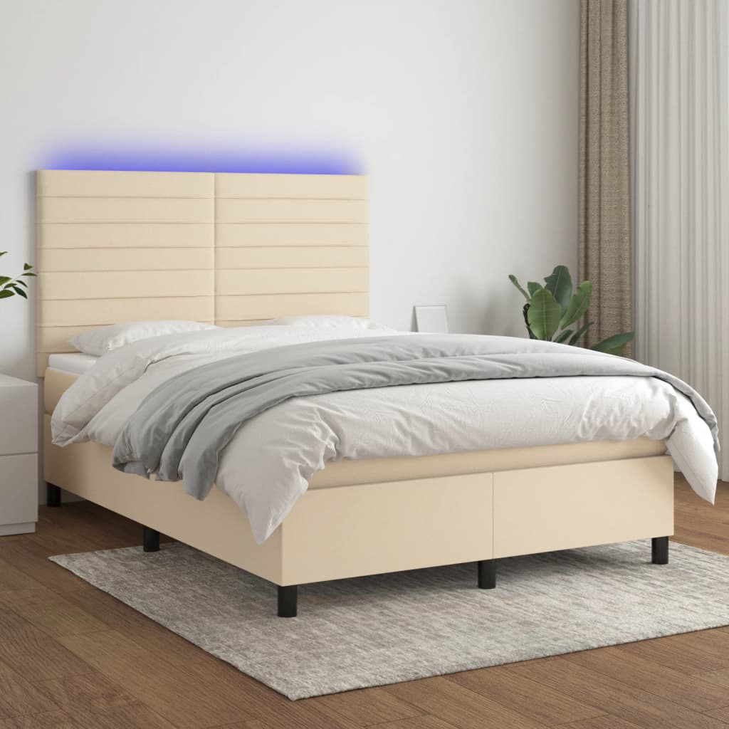 kontinentalseng med LED-lys 140x190 cm stof cremefarvet