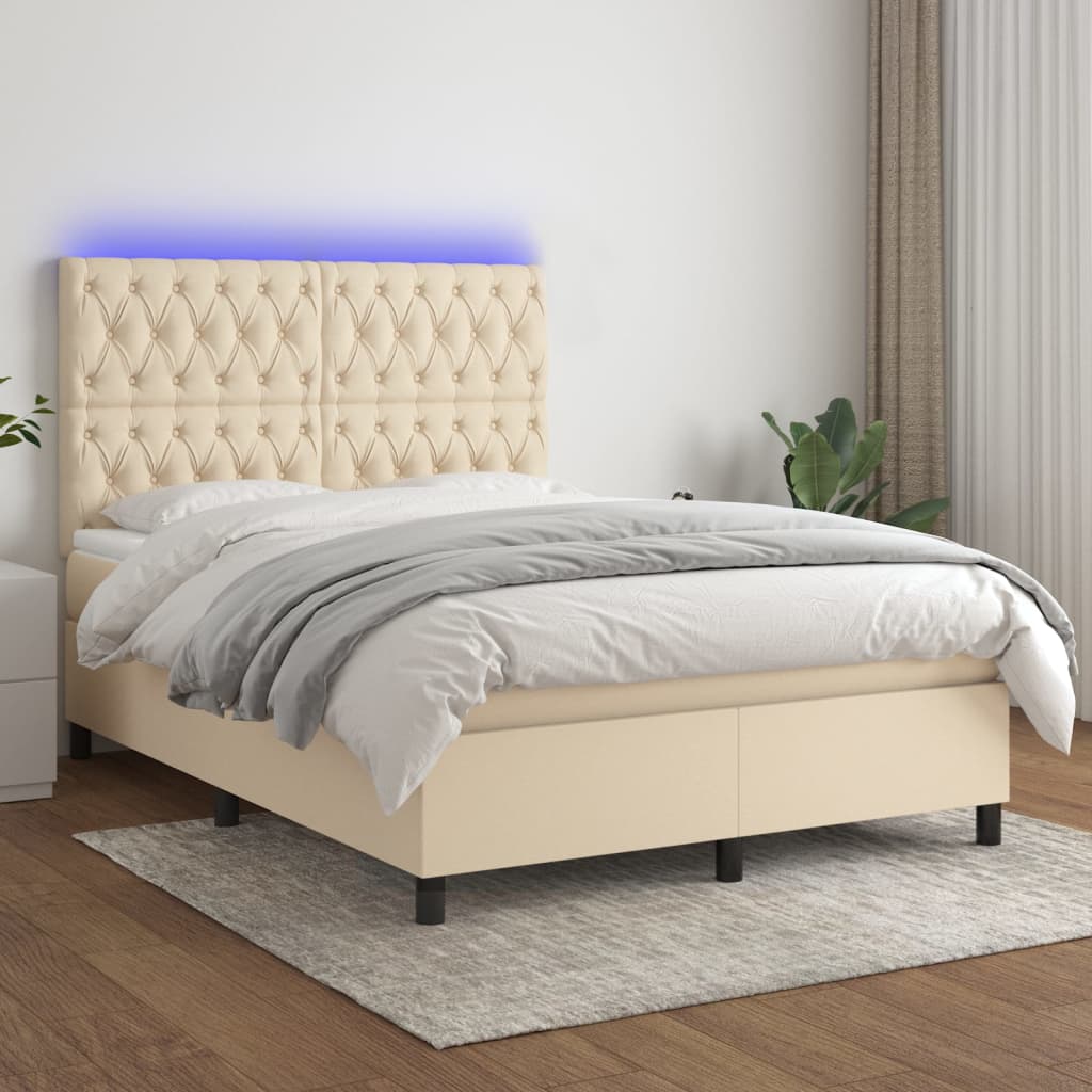 kontinentalseng med LED-lys 140x190 cm stof cremefarvet