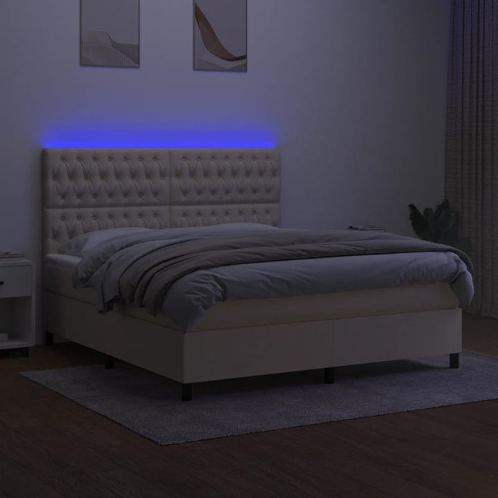 kontinentalseng med LED-lys 180x200 cm stof cremefarvet