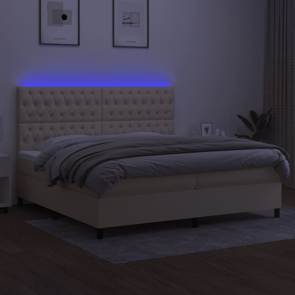 kontinentalseng med LED-lys 200x200 cm stof cremefarvet