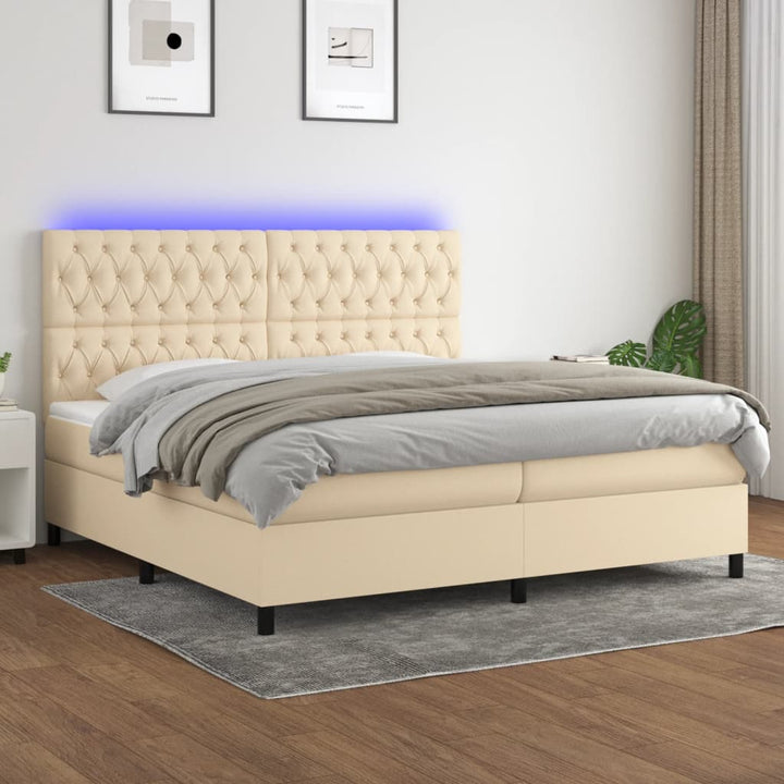 kontinentalseng med LED-lys 200x200 cm stof cremefarvet